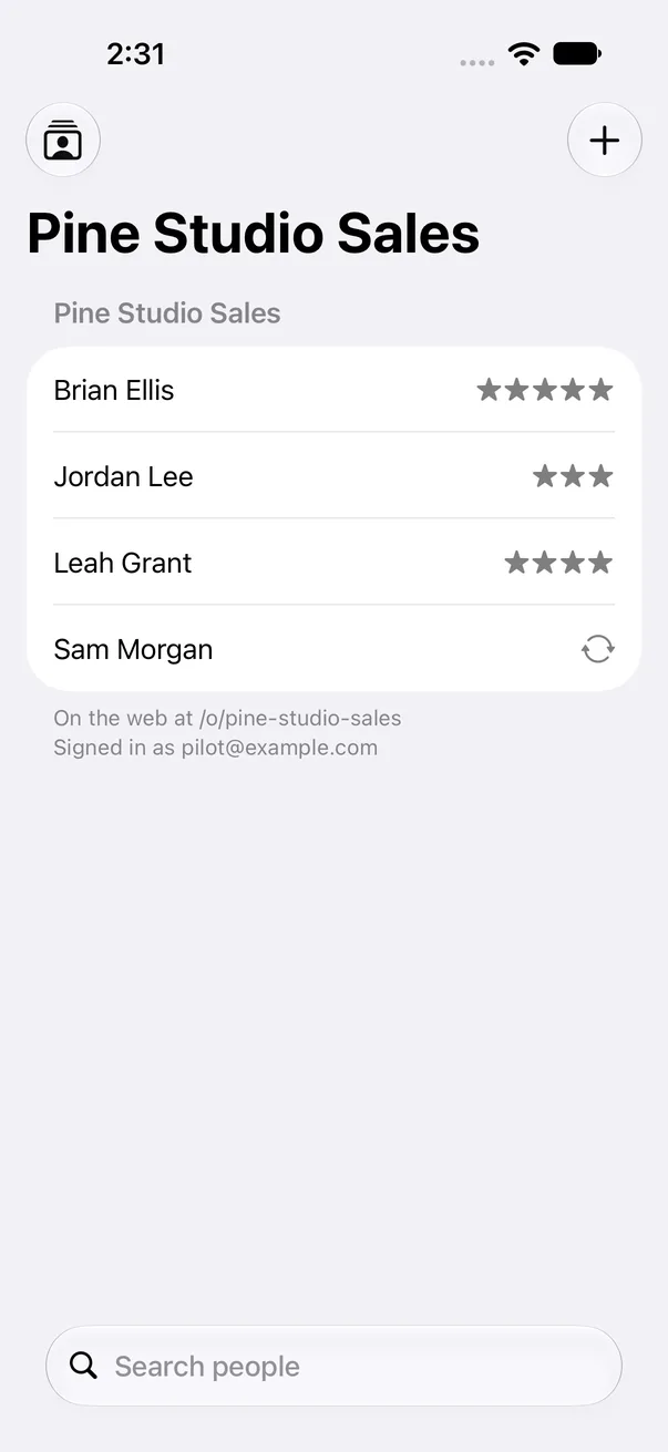 iPhone app showing the people in a team space called Pine Studio Sales, with star ratings. Development build with fictional names.