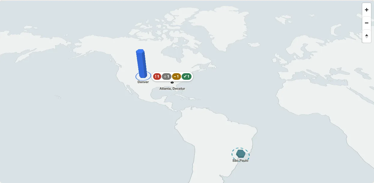 The web app's map with fictional data. A tall blue spire stands over Denver, a cluster of offices sits around Atlanta and a short spire marks São Paulo, each colored by company.